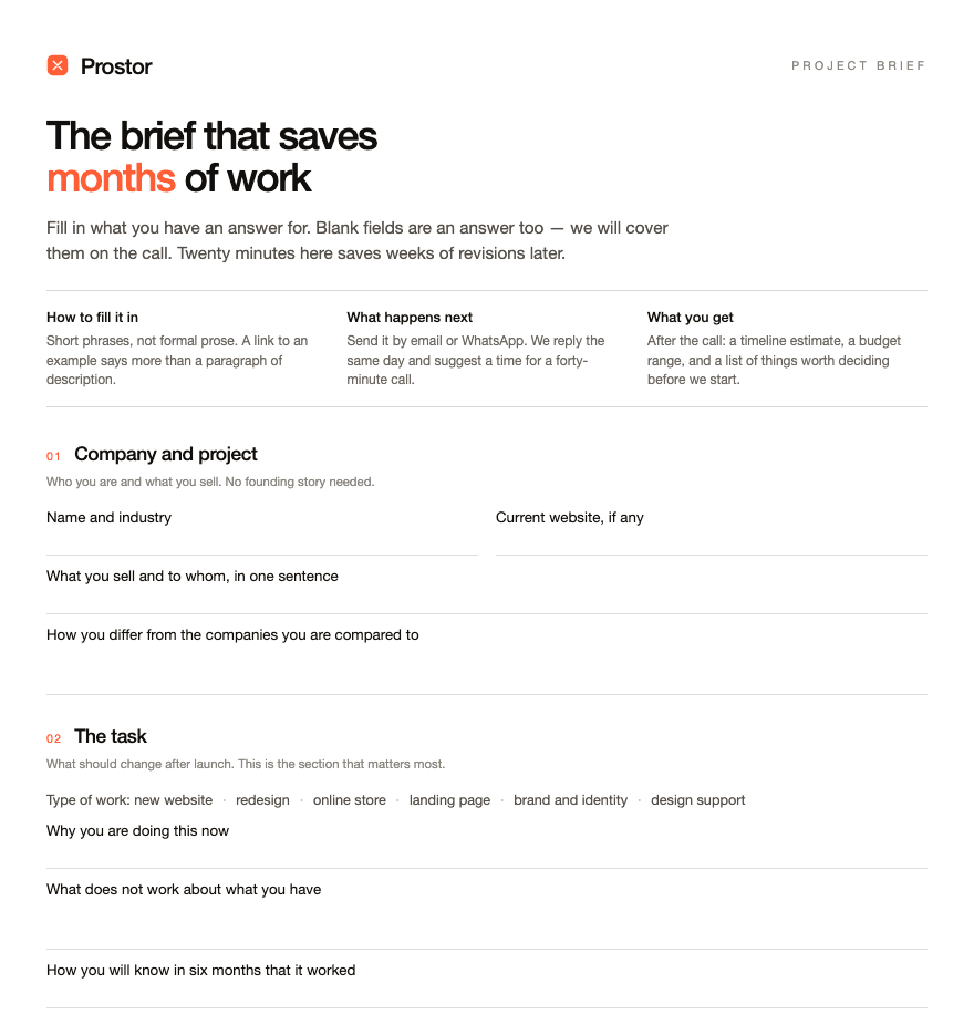 First page of the Prostor project brief template