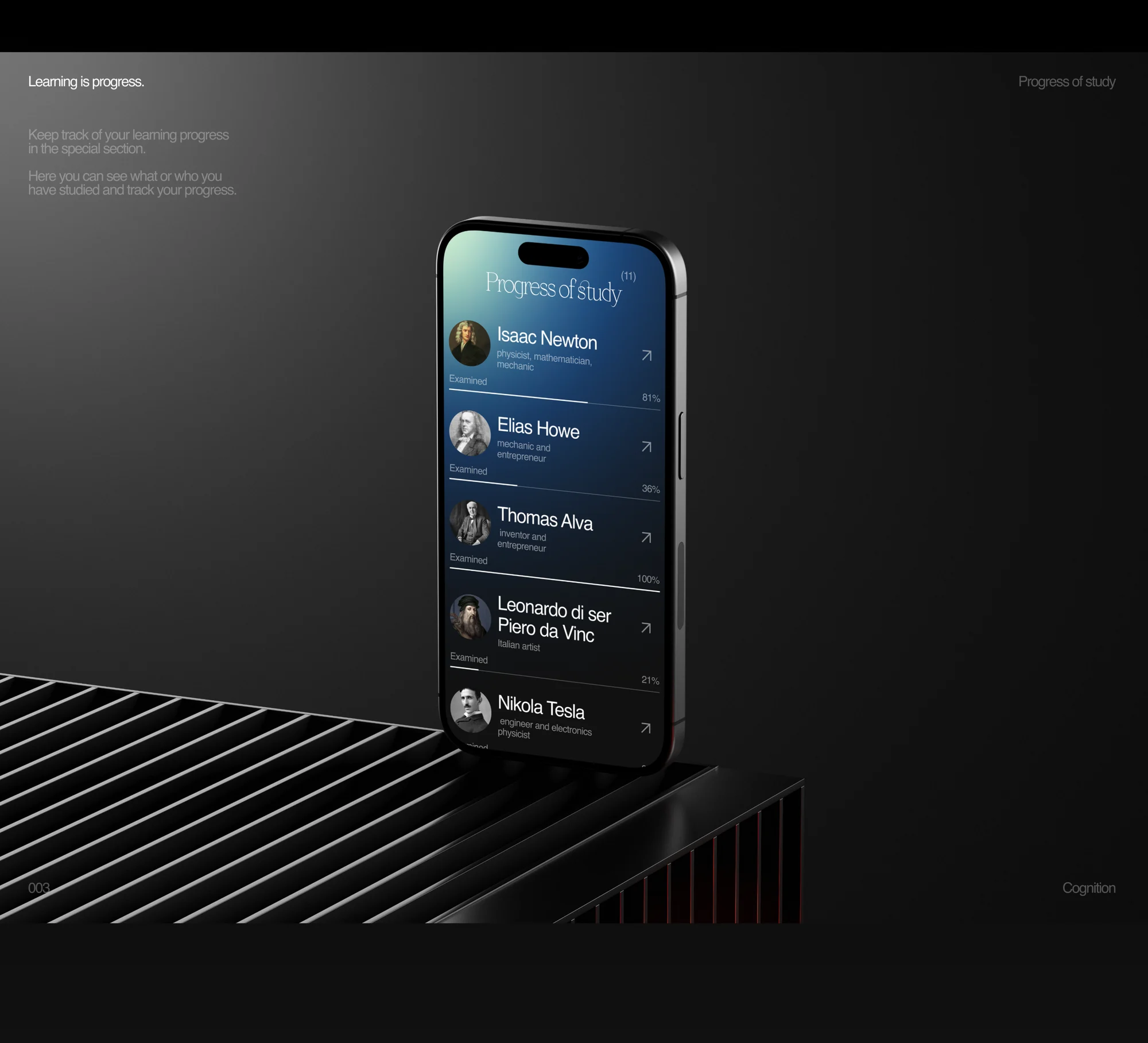 Cognition — an EdTech app concept telling history through people — screen 3