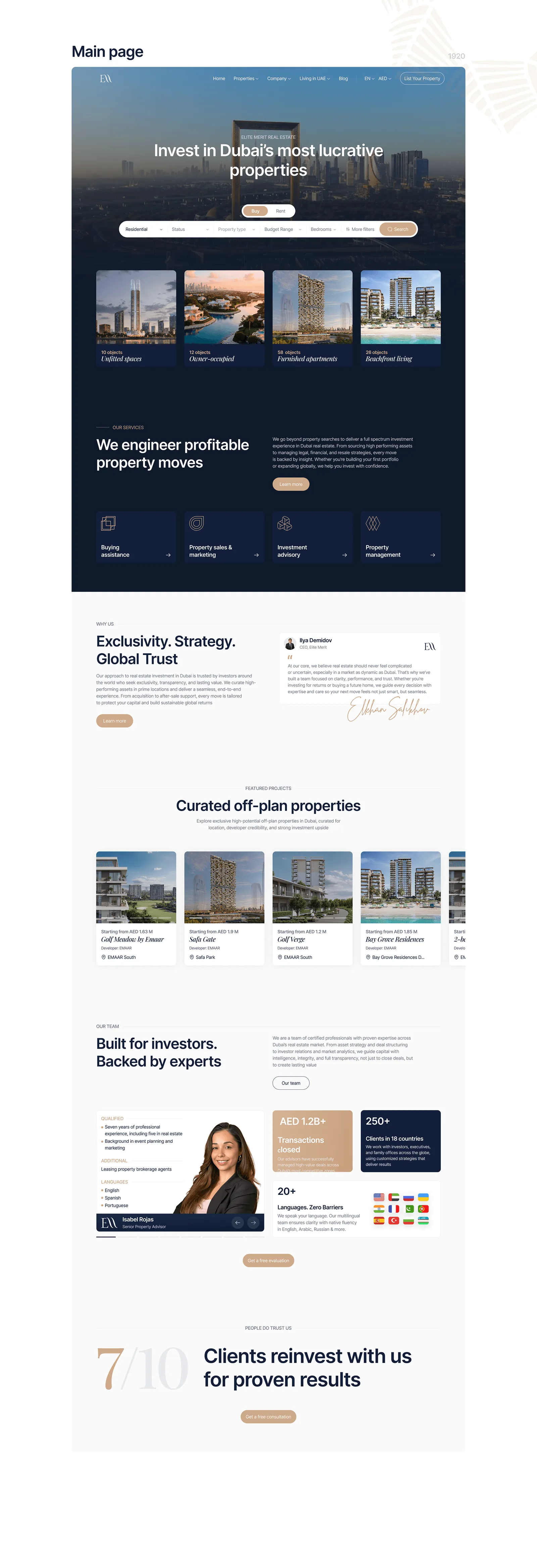 Elite Merit — a redesign for a Dubai real-estate agency — screen 2