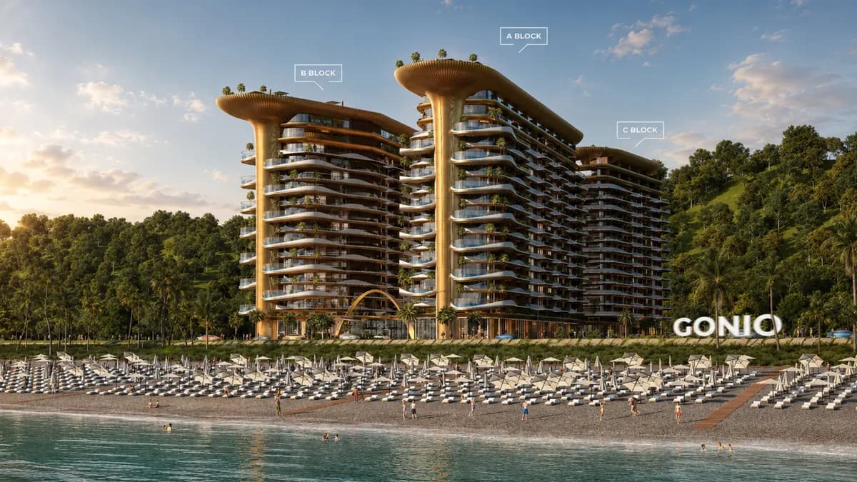Render of the Montemar Kvariati complex before and after our post-production — Our grade
