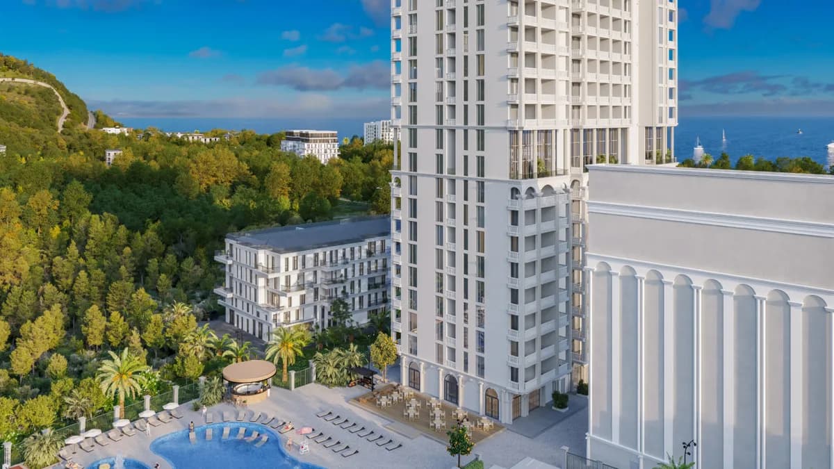 Render of the Wyndham Grand Batumi Gonio complex before and after our post-production — Raw render