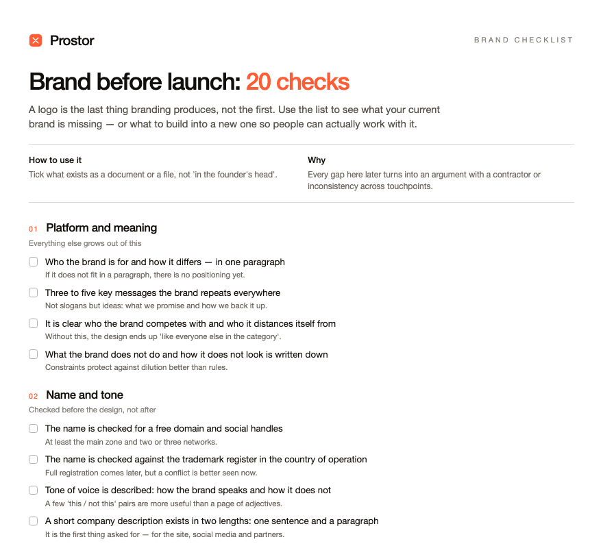 First page of the Prostor brand checklist