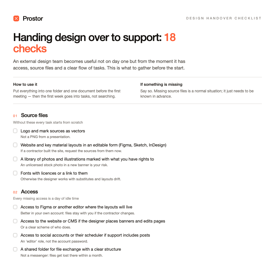 First page of the Prostor design handover checklist