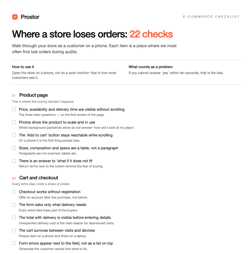 First page of the Prostor e-commerce checklist