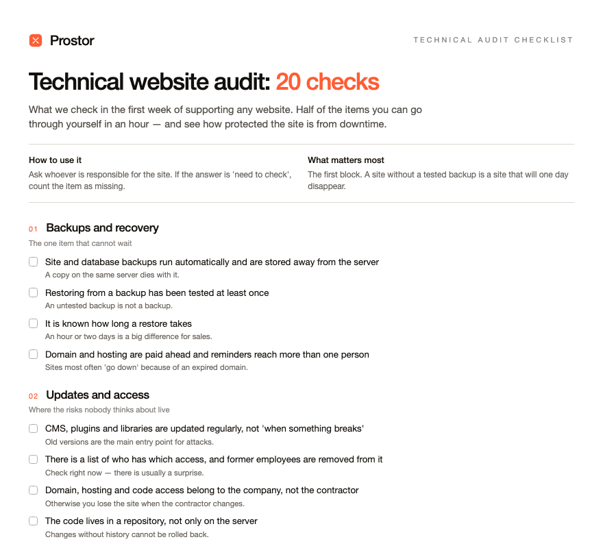 First page of the Prostor technical audit checklist